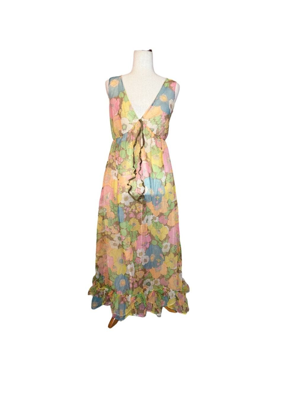 Vintage 1960s to 1970s floral chiffon maxi dress deep v- front. 100% nylon USA  - Picture 2 of 13